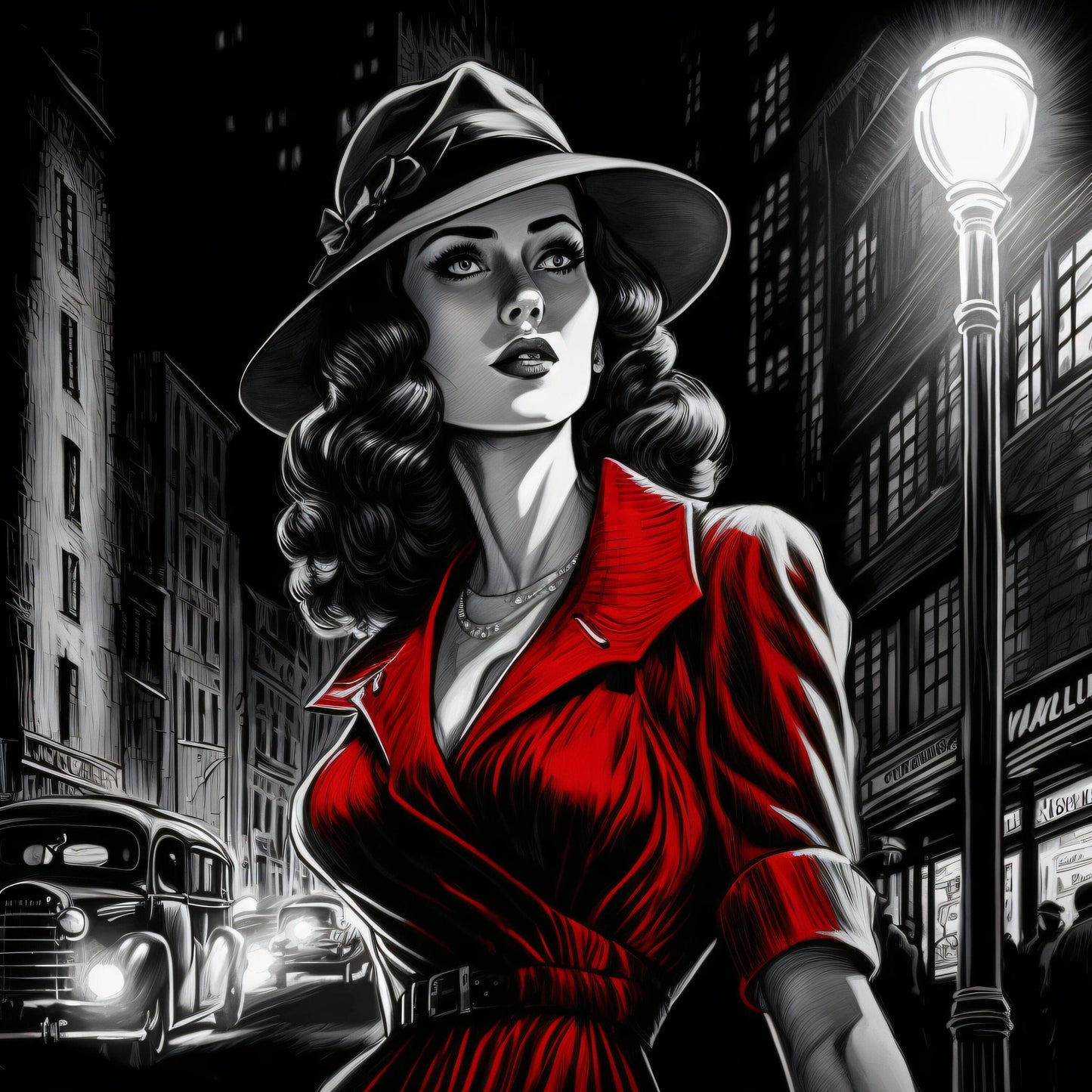 1920s Woman in Red Film Noir Style - Canvas, Metal, Acrylic, Framed, or Giclee Print