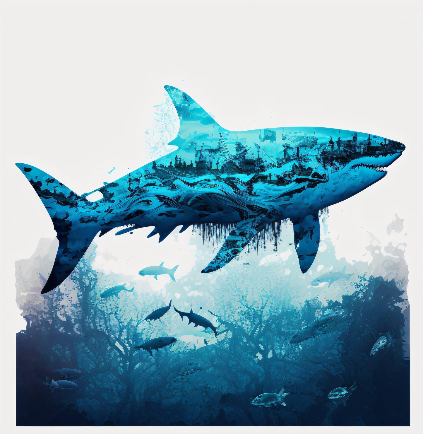 Shark Silhouette - Ocean - Canvas, Metal, Acrylic, Framed, or Giclee Print