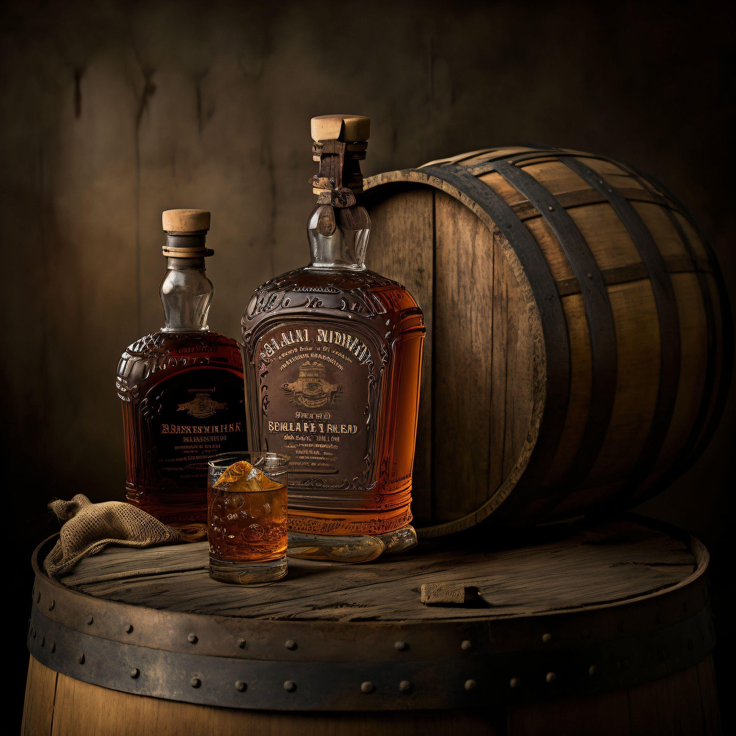 Bourbon Bottles and Glasses on Barrels - Canvas, Metal, Acrylic, Framed, or Giclee Print