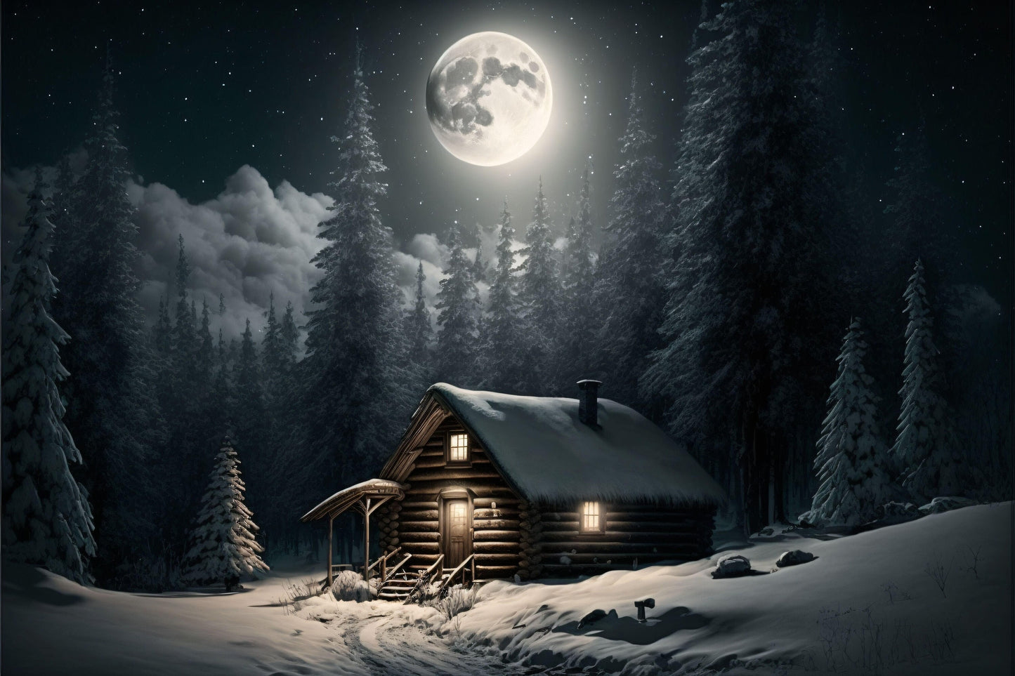 Snowy Cabin in the Woods with Moon - Canvas, Metal, Acrylic, Framed, or Giclee Print