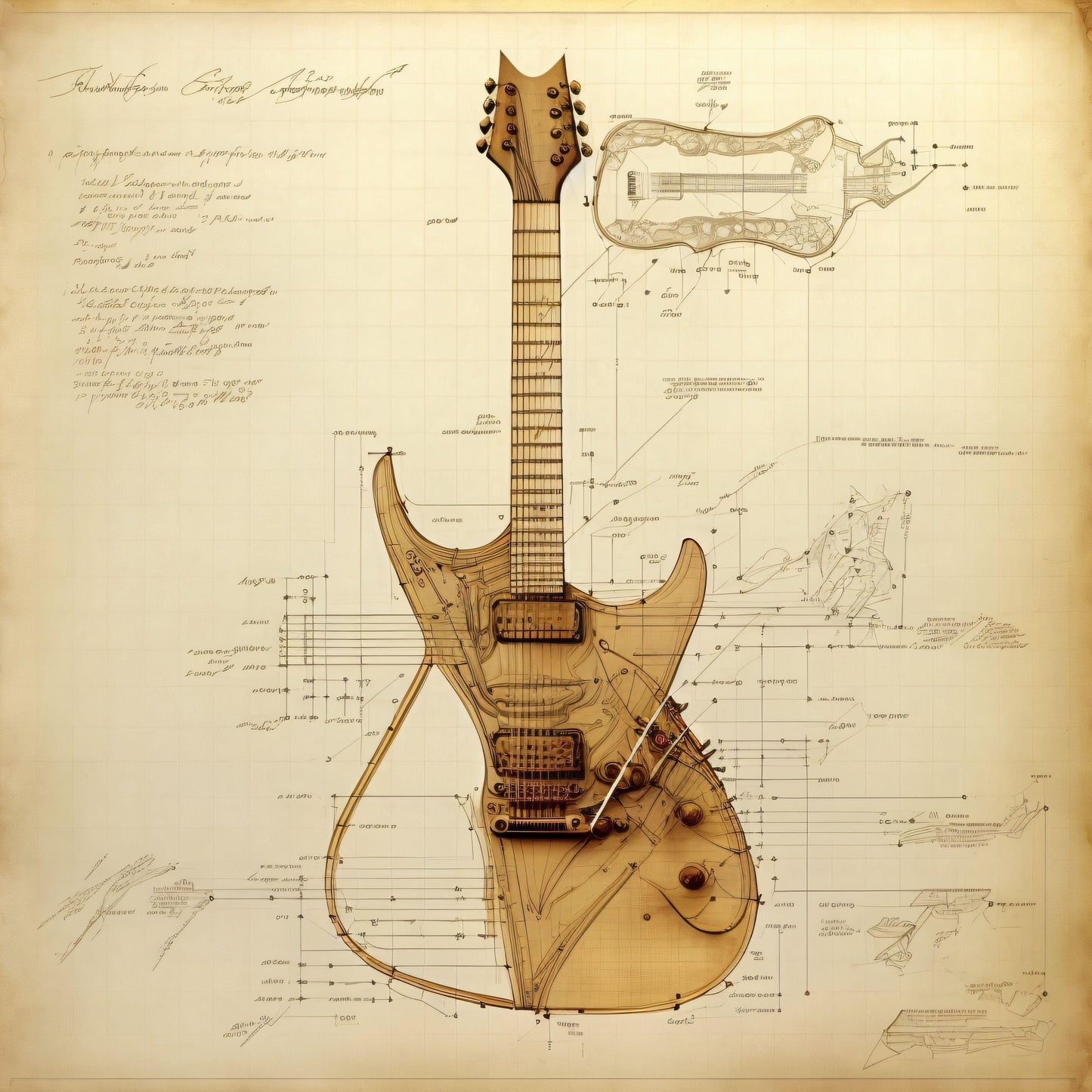 Guitar - Diagrammatic Drawing  - Canvas, Metal, Acrylic, Framed, or Giclee Print