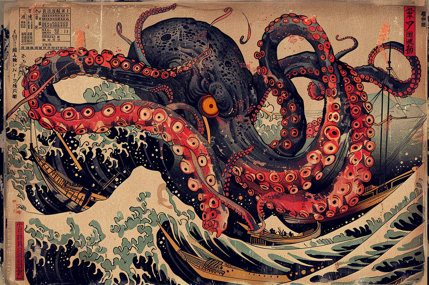 Giant Octopus Japanese Style - Canvas, Metal, Acrylic, Framed, or Giclee Print