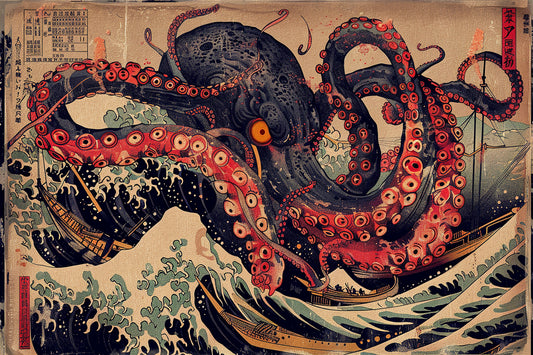 Giant Octopus Japanese Style - Canvas, Metal, Acrylic, Framed, or Giclee Print