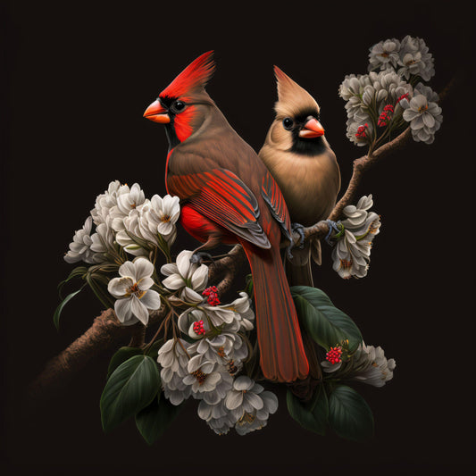 Red Cardinal in A Tree with Flowers - Canvas, Metal, Acrylic, Framed, or Giclee Print