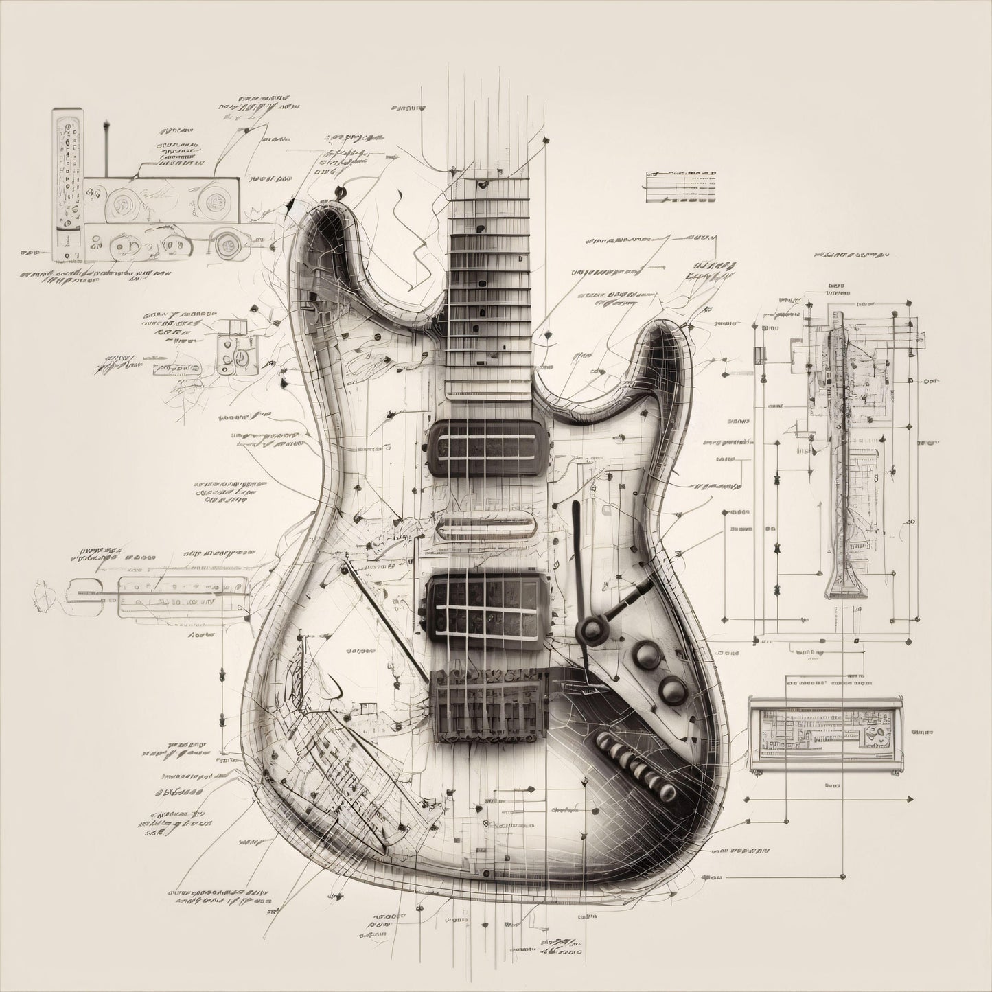 Guitar - Diagrammatic Drawing - Canvas, Metal, Acrylic, Framed, or Giclee Print