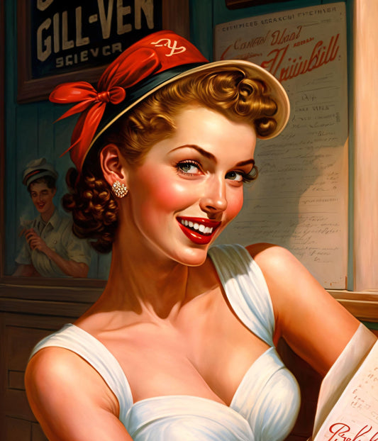 Pin-Up Girl Portrait, Fancy Hat - Canvas, Metal, Acrylic, Framed, or Giclee Print