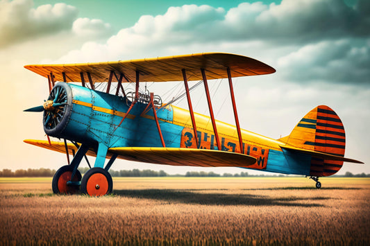 Colorful Airplane in Field - Canvas, Metal, Acrylic, Framed, or Giclee Print