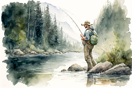 Fly Fisherman in a Watercolor Style - Canvas, Metal, Acrylic, Framed, or Giclee Print