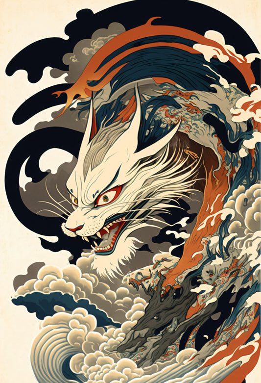 Japanese Style Cat Abstract - Canvas, Metal, Acrylic, Framed, or Giclee Print