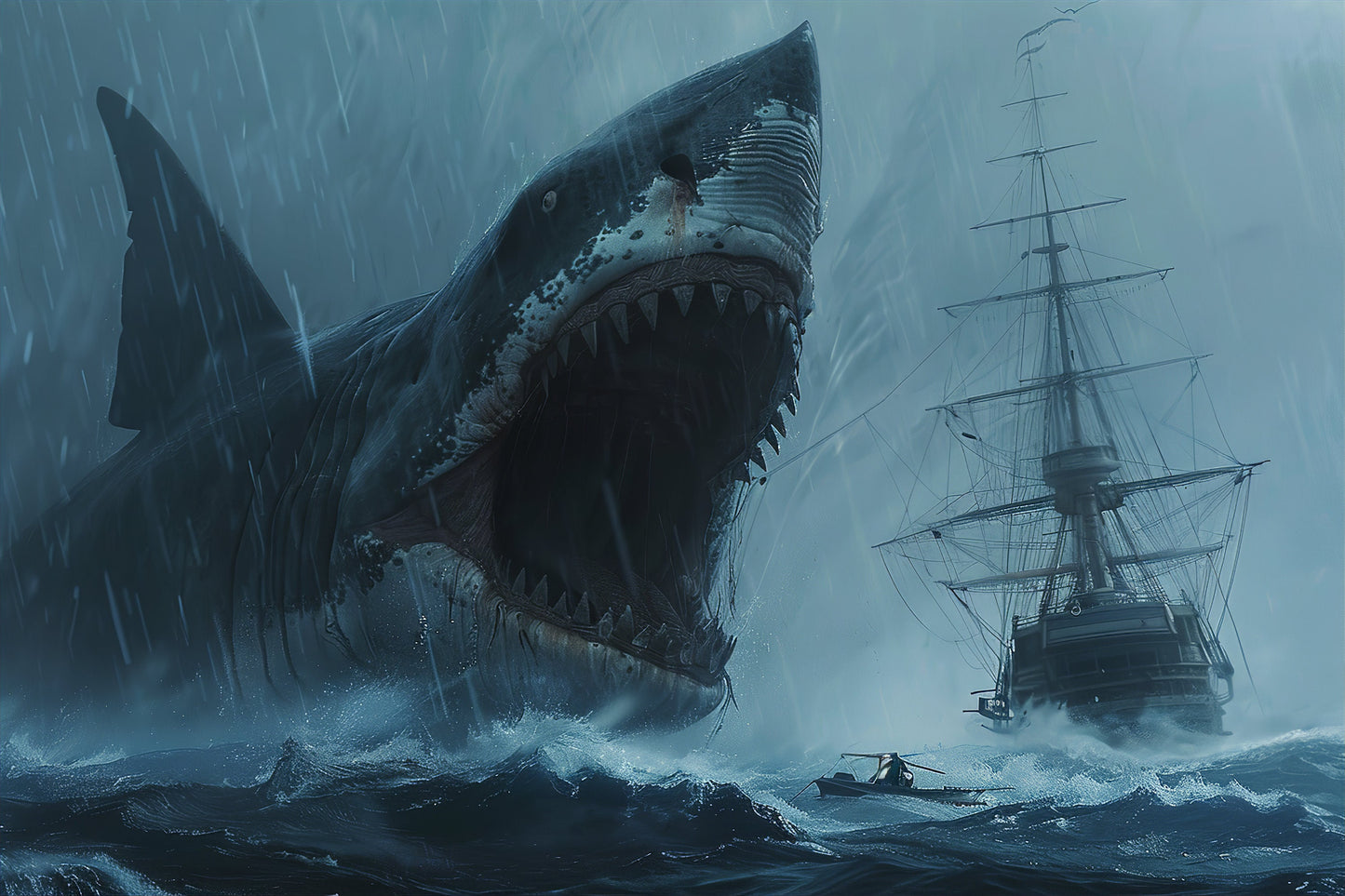 Old Ship Being Attacked by Megalodon - Canvas, Metal, Acrylic, Framed, or Giclee Print