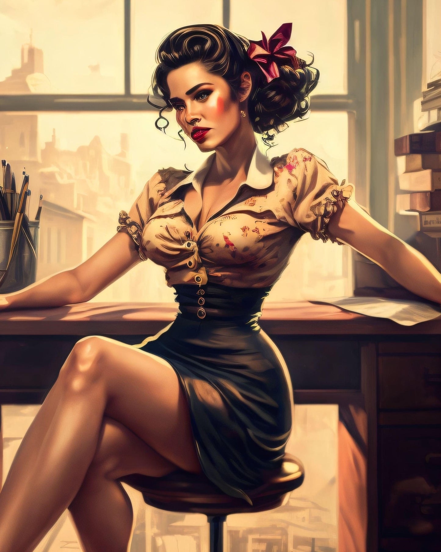 Pin-Up Girl in Office - Canvas, Metal, Acrylic, Framed, or Giclee Print