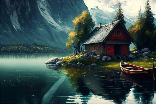 Lake House with Boat - Canvas, Metal, Acrylic, Framed, or Giclee Print