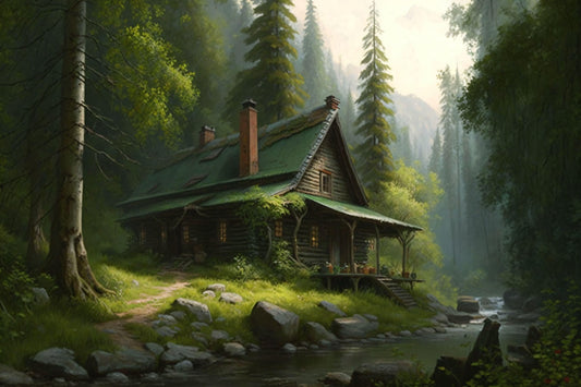 Log Cabin in the Forest - Canvas, Metal, Acrylic, Framed, or Giclee Print