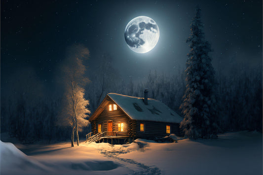 Snowy Cabin in the Woods with Moon - Canvas, Metal, Acrylic, Framed, or Giclee Print