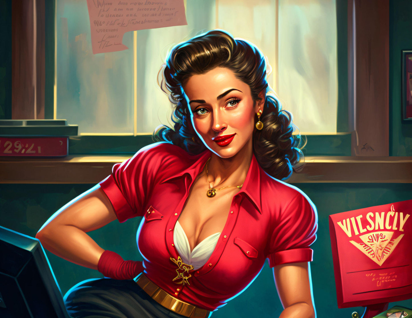 Pin-Up Girl in Office - Canvas, Metal, Acrylic, Framed, or Giclee Print