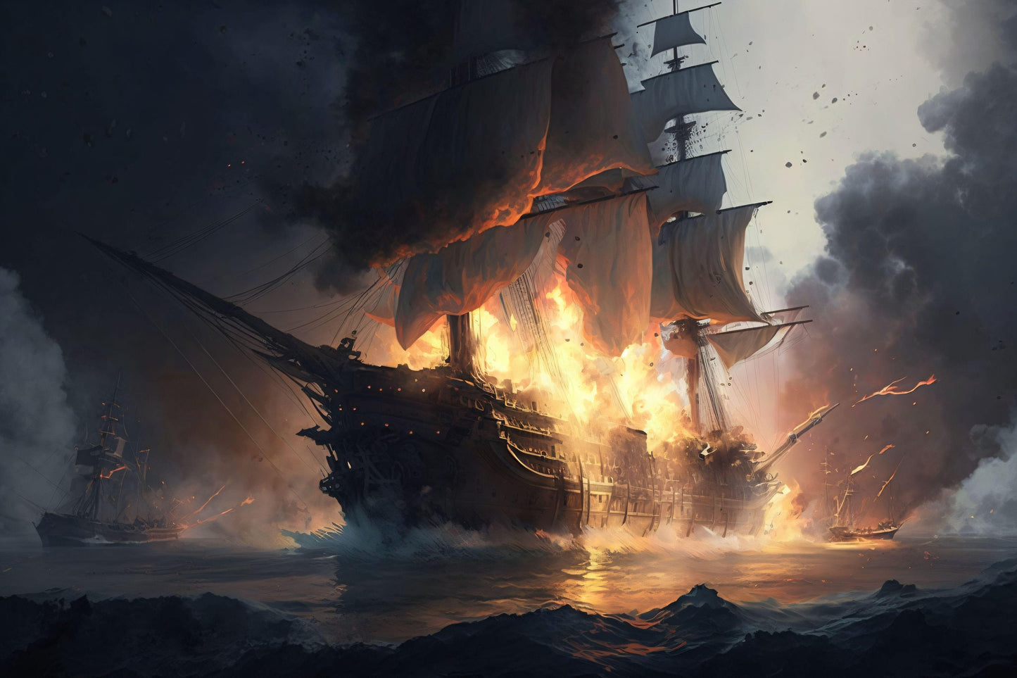 Old Ship in Battle, Fire - Canvas, Metal, Acrylic, Framed, or Giclee Print