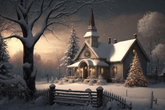 Snowy Christmas Church Scene - Canvas, Metal, Acrylic, Framed, or Giclee Print
