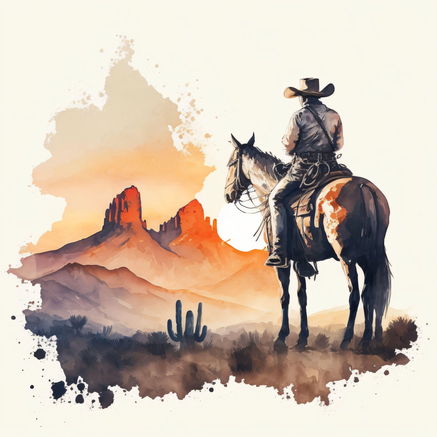 Cowboy Enjoying the Scenery - Watercolor Style