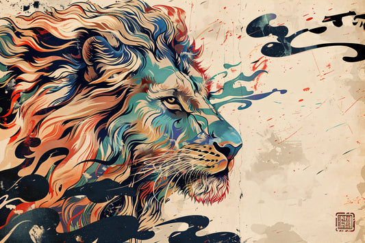 Lion in Japanese Woodblock style - Canvas, Metal, Acrylic, Framed, or Giclee Print