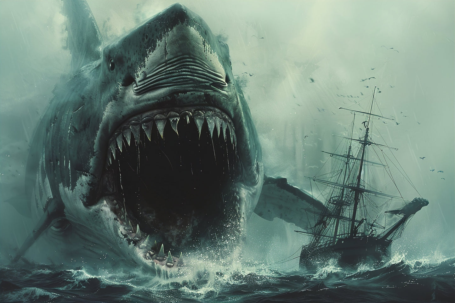 Old Ship Being Attacked by Megalodon - Canvas, Metal, Acrylic, Framed, or Giclee Print
