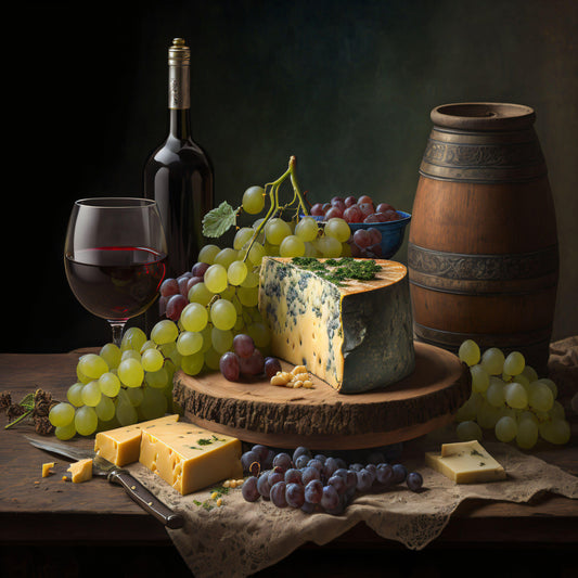 Still Life - Wine, Cheese, and Grapes - Canvas, Metal, Acrylic, Framed, or Giclee Print