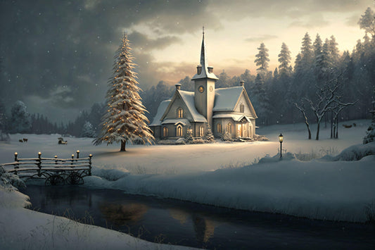 Snowy Christmas Church Scene - Canvas, Metal, Acrylic, Framed, or Giclee Print