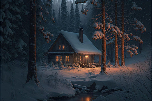 Snowy Cabin in the Woods - Canvas, Metal, Acrylic, Framed, or Giclee Print