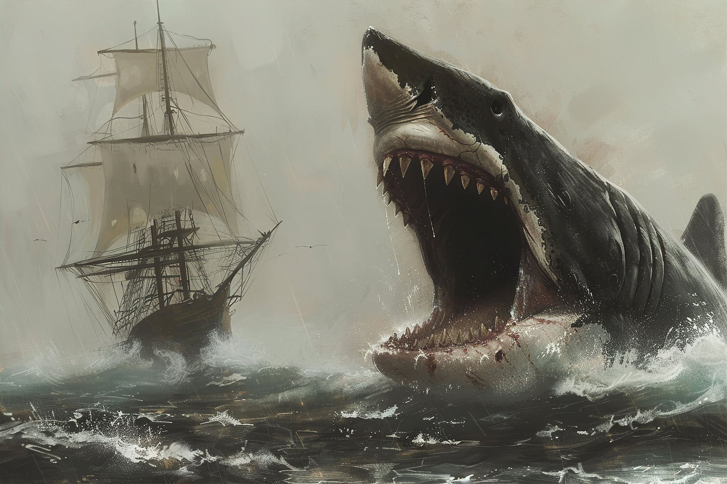 Old Ship Being Attacked by Megalodon - Canvas, Metal, Acrylic, Framed, or Giclee Print