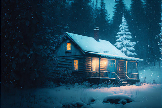 Snowy Cabin in the Woods - Canvas, Metal, Acrylic, Framed, or Giclee Print