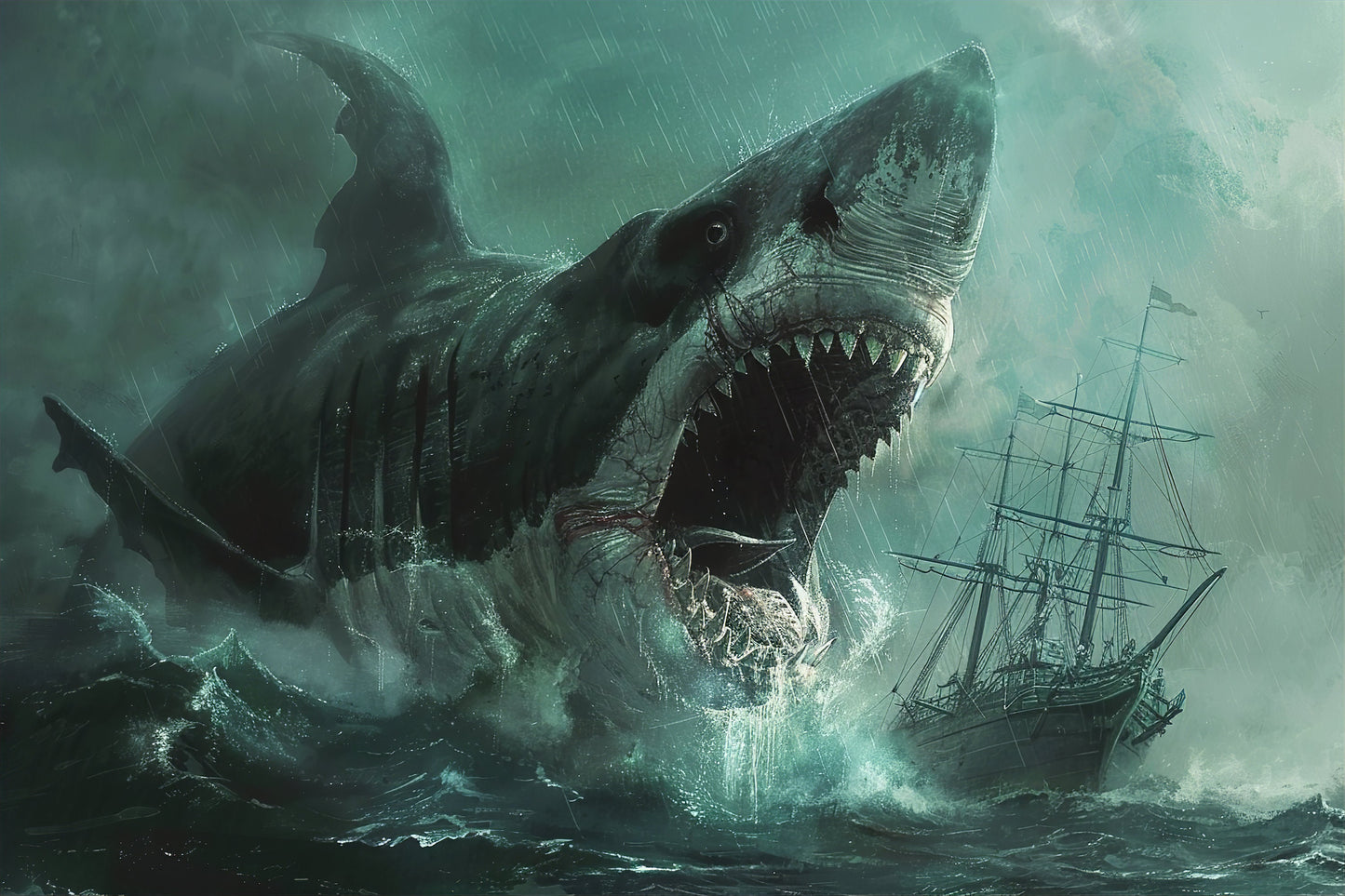 Old Ship Being Attacked by Megalodon - Canvas, Metal, Acrylic, Framed, or Giclee Print
