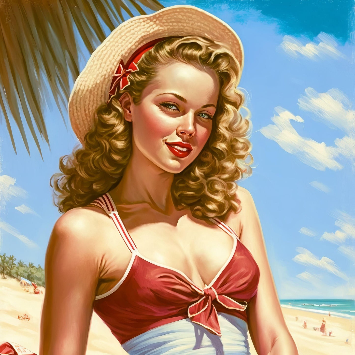 Pin-Up Girl at Beach - Canvas, Metal, Acrylic, Framed, or Giclee Print