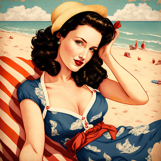 Pin-Up Girl at Beach - Canvas, Metal, Acrylic, Framed, or Giclee Print