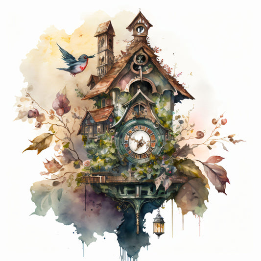 Cuckoo Clock - Watercolor Style - Canvas, Metal, Acrylic, Framed, or Giclee Print