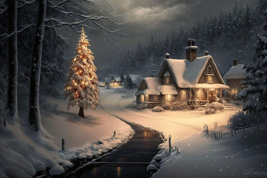 Snowy Christmas Cabin Scene - Canvas, Metal, Acrylic, Framed, or Giclee Print