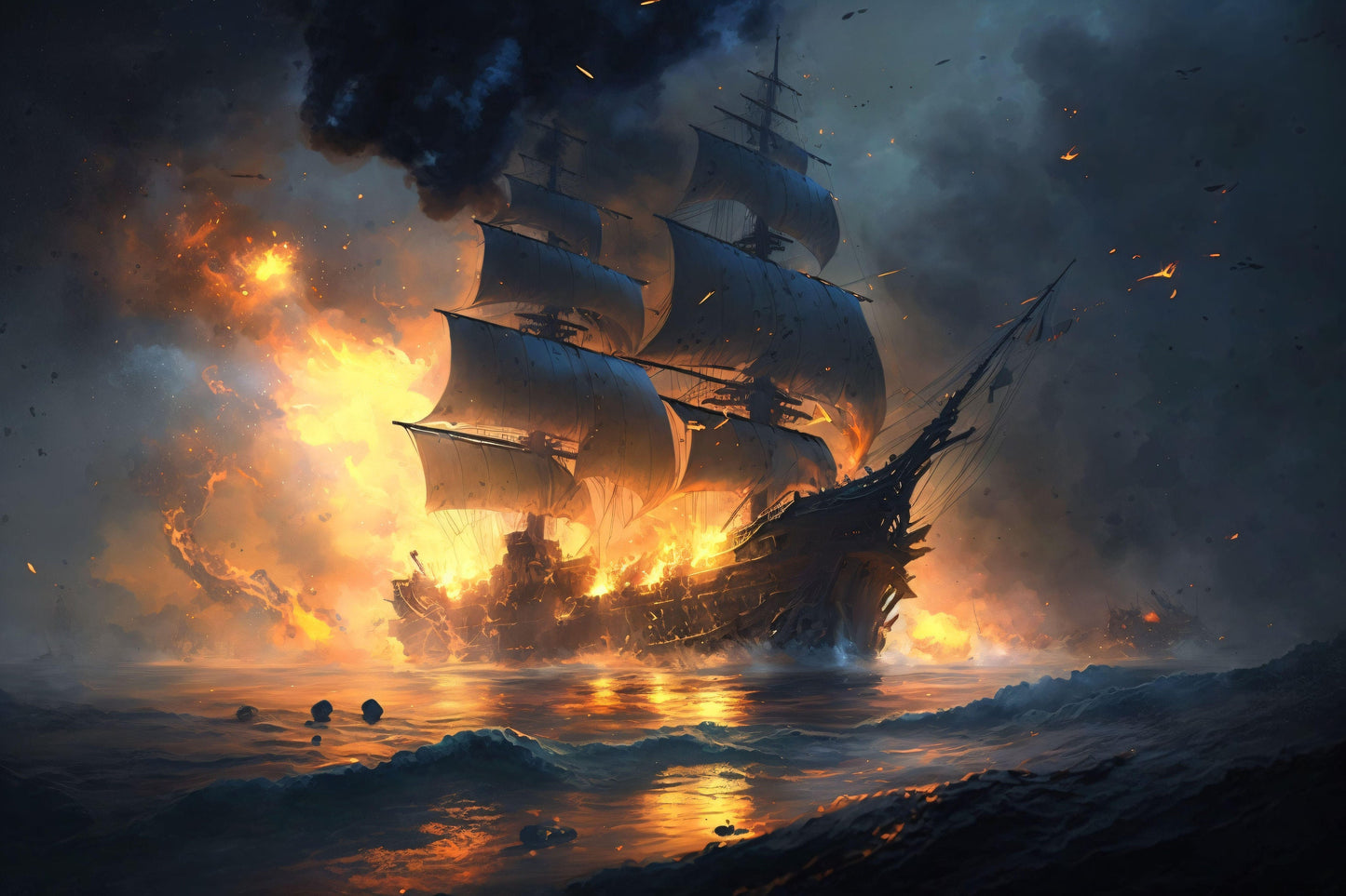 Old Ship in Battle, Fire - Canvas, Metal, Acrylic, Framed, or Giclee Print