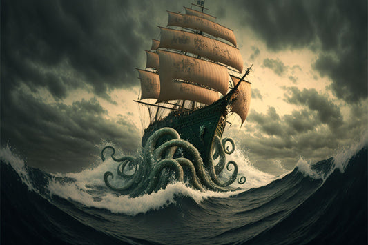 Old Ship Being Attacked by Sea Monster - Canvas, Metal, Acrylic, Framed, or Giclee Print