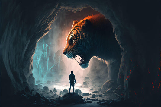 Man in a Cave with Giant Tiger - Canvas, Metal, Acrylic, Framed, or Giclee Print