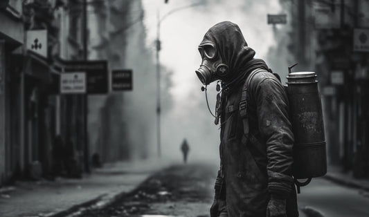 Gas Mask in Post-Apocalyptic City - Canvas, Metal, Acrylic, Framed, or Giclee Print