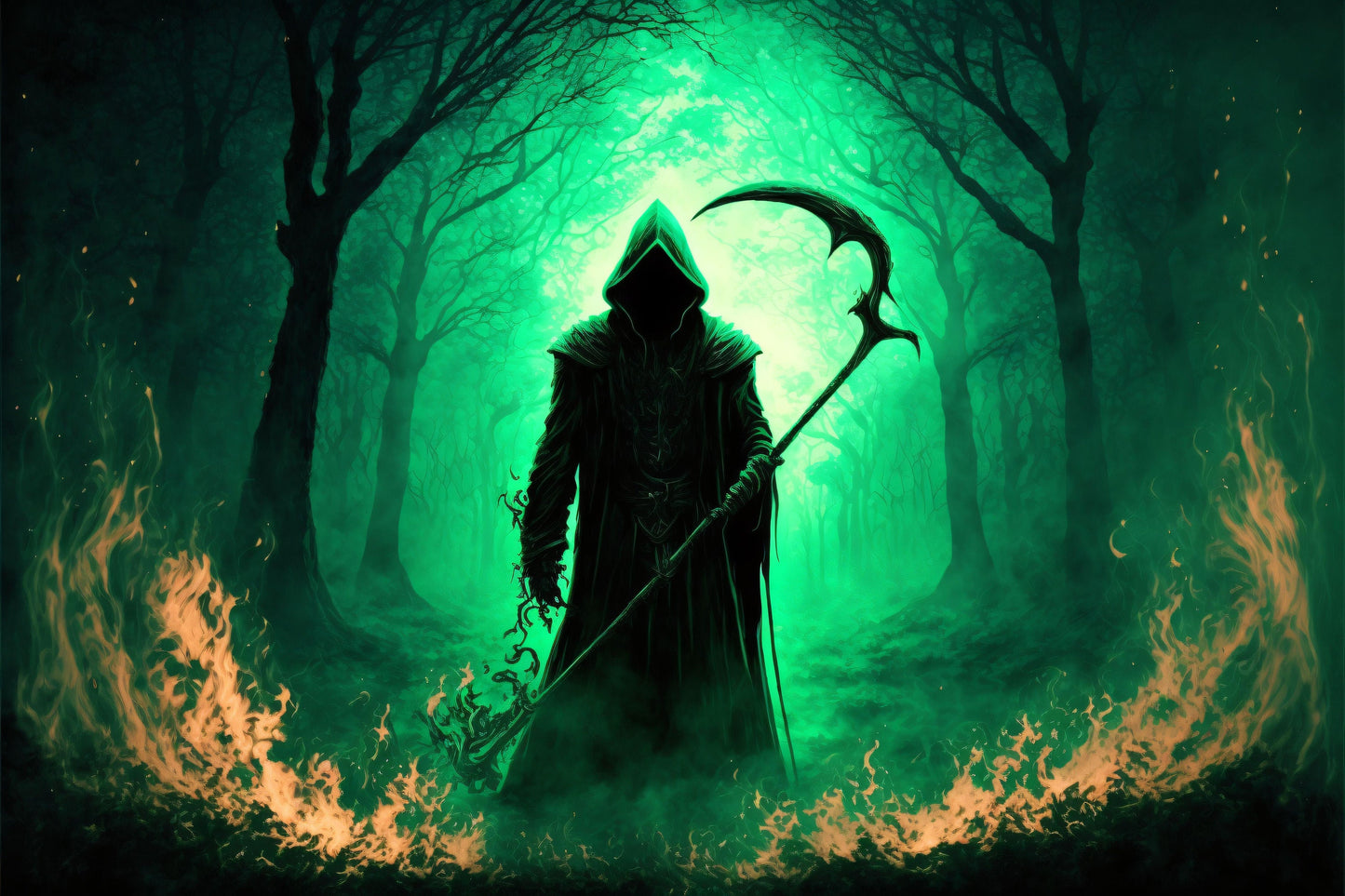 Grim Reaper holding a Scythe in the Forest - Canvas, Metal, Acrylic, Framed, or Giclee Print