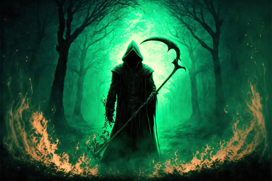 Grim Reaper holding a Scythe in the Forest - Canvas, Metal, Acrylic, Framed, or Giclee Print