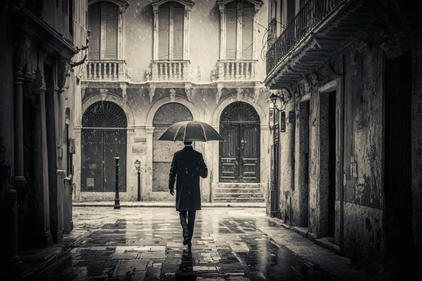Man with Umbrella Walking in a City - Canvas, Metal, Acrylic, Framed, or Giclee Print