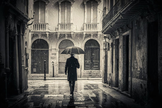 Man with Umbrella Walking in a City - Canvas, Metal, Acrylic, Framed, or Giclee Print