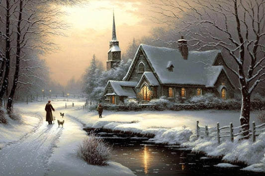 Snowy Christmas Church Scene - Canvas, Metal, Acrylic, Framed, or Giclee Print