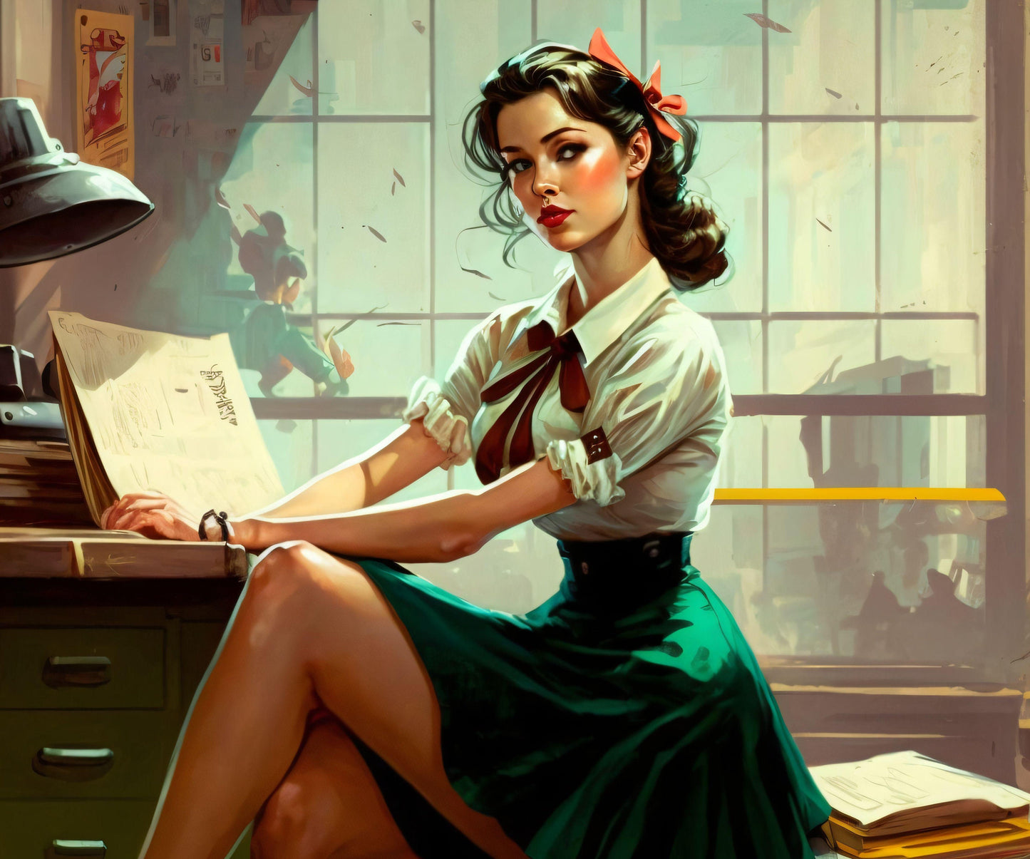 Pin-Up Girl in Office - Canvas, Metal, Acrylic, Framed, or Giclee Print