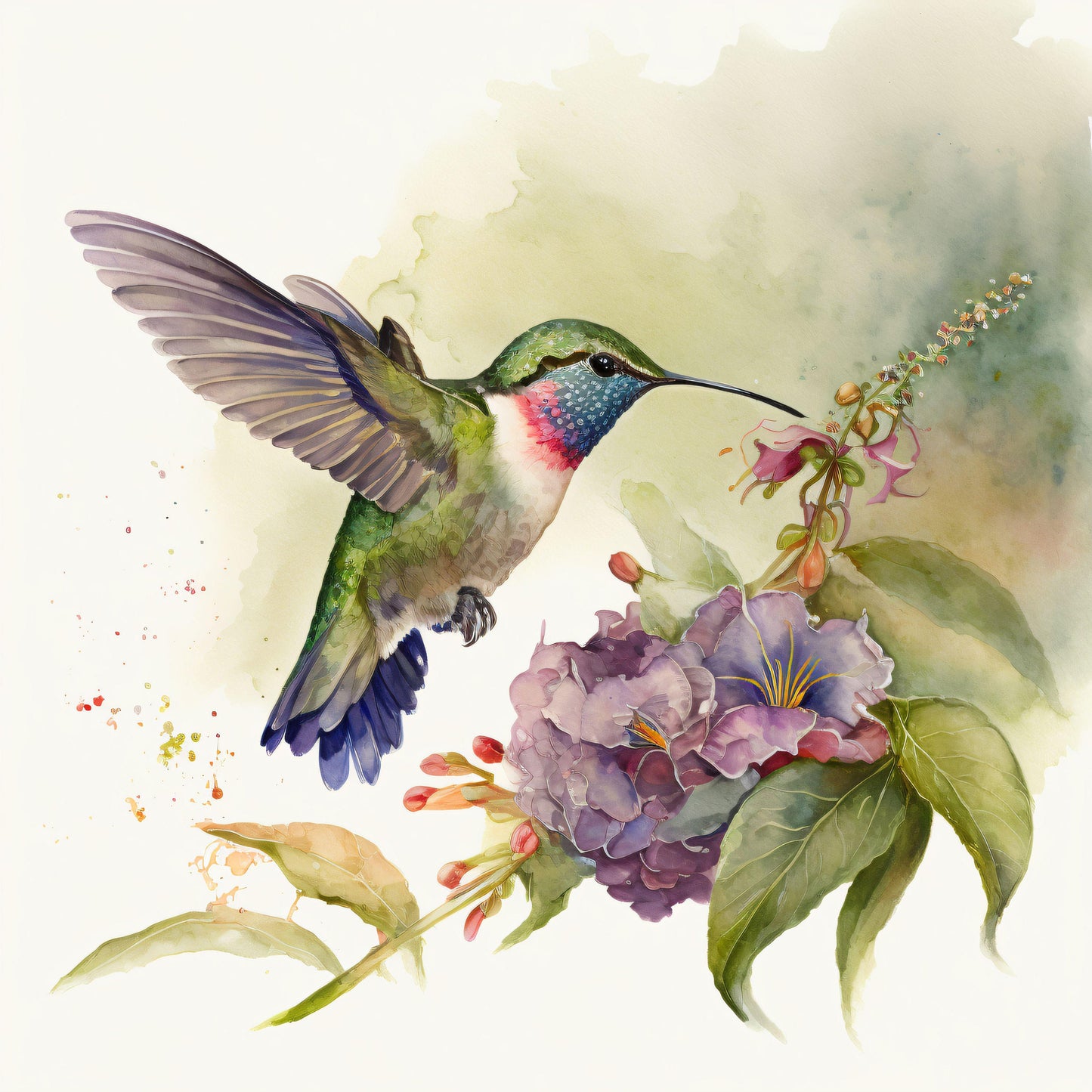 Hummingbird  in Watercolor Style - Canvas, Metal, Acrylic, Framed, or Giclee Print