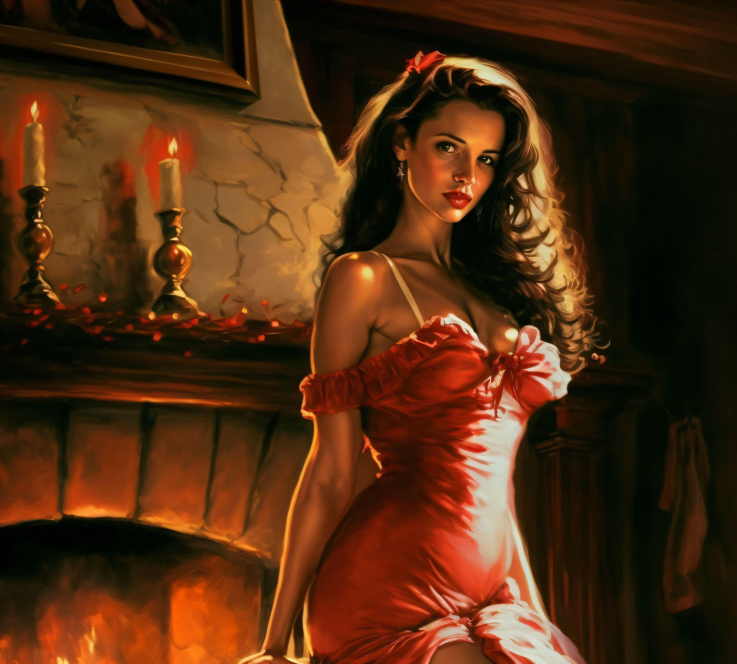 Woman in front of Fireplace - Canvas, Metal, Acrylic, Framed, or Giclee Print