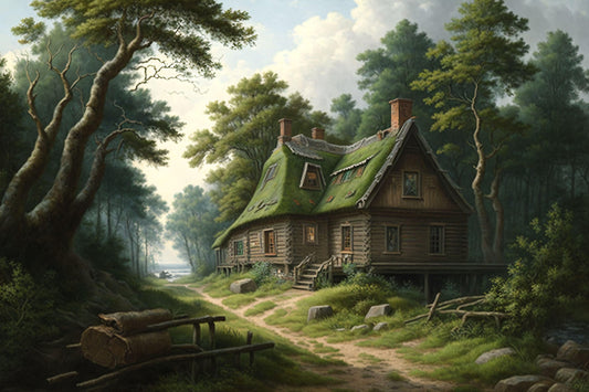 Log Cabin in the Forest - Canvas, Metal, Acrylic, Framed, or Giclee Print
