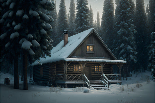 Snowy Cabin in the Woods 1 - Canvas, Metal, Acrylic, Framed, or Giclee Print
