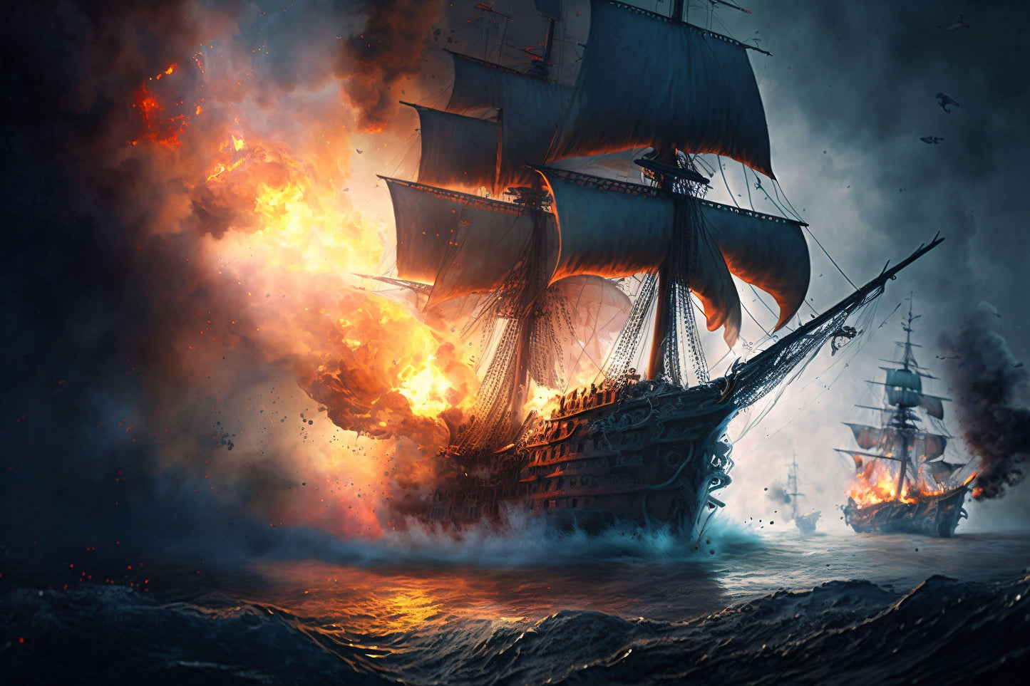 Old Ship in Battle, Fire - Canvas, Metal, Acrylic, Framed, or Giclee Print