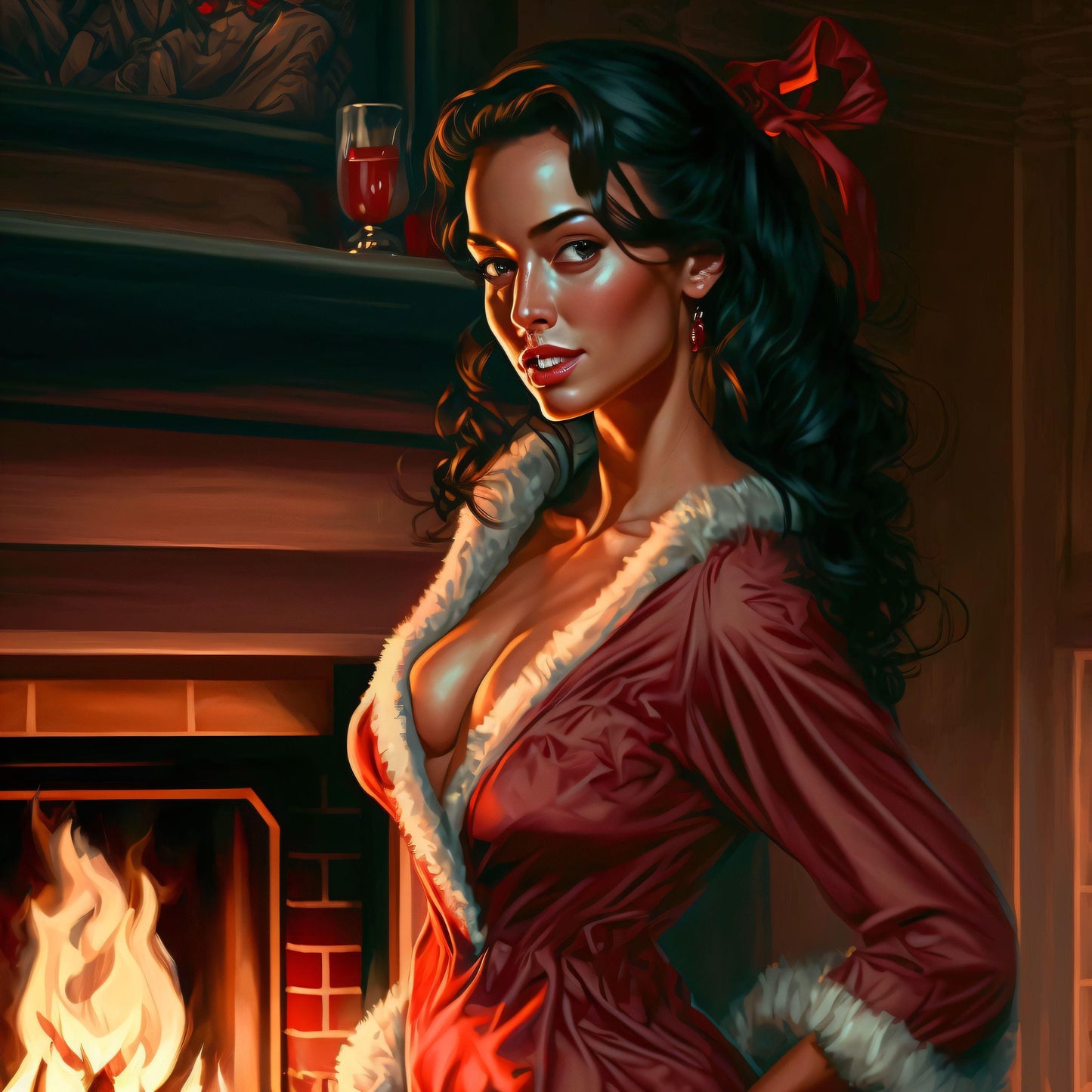 Woman in front of Fireplace - Christmas  - Canvas, Metal, Acrylic, Framed, or Giclee Print